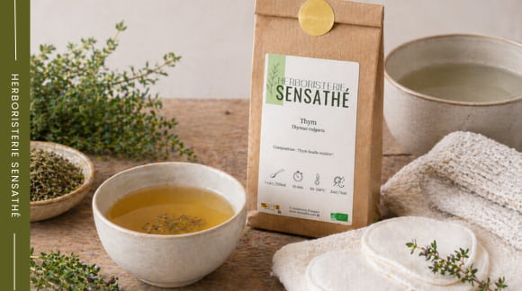 Usage externe du thym en compresse avec infusion concentrée et thym séché en herboristerie - Herboristerie Sensathé